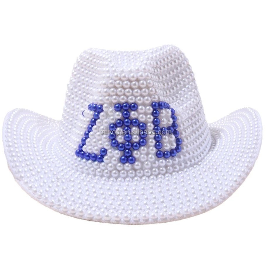 Zeta Phi Beta White Navy Blue Pearls Fedoras Lime Greek Sorority ZPB Logo Women Panama Wool Felt Hats Ladies Wide cowboy Hat