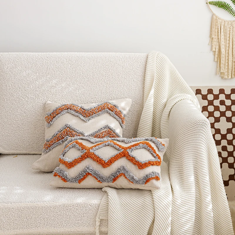 French Style Brown Living Room Sofa Cushion Light Luxury Geometric Embroidery Backrest Pillowcase for Home or Hotel