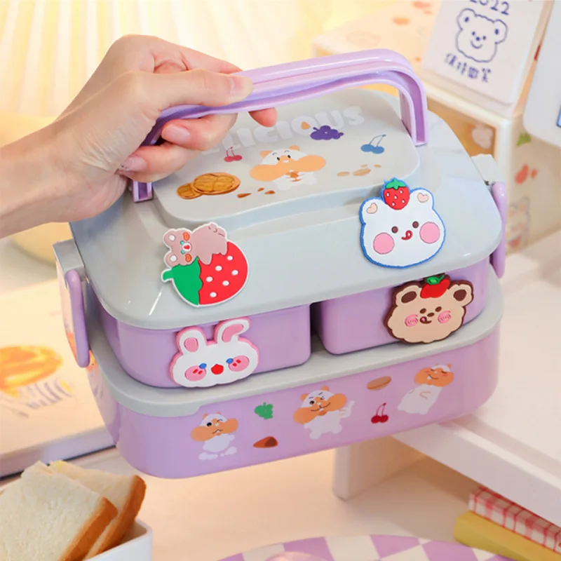2023 cute bento lunch box double layer lunch box kids school with cutlery