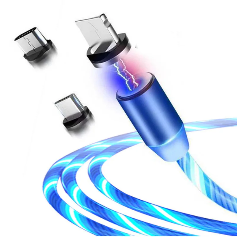 
fast charging speed usb data cable factory cheap luminous led flowing light 3 in1 magnetic usb data cable for cell phone 