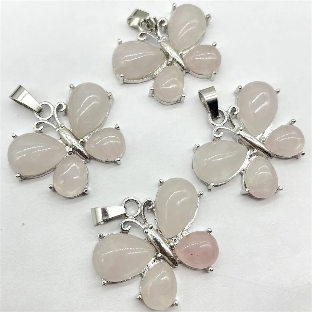 Natural Healing Stone Agate Rose Quartz Clear Crystal Amethyst Jade Butterfly Shaped Necklace Natural Stone Pendant Jewelry