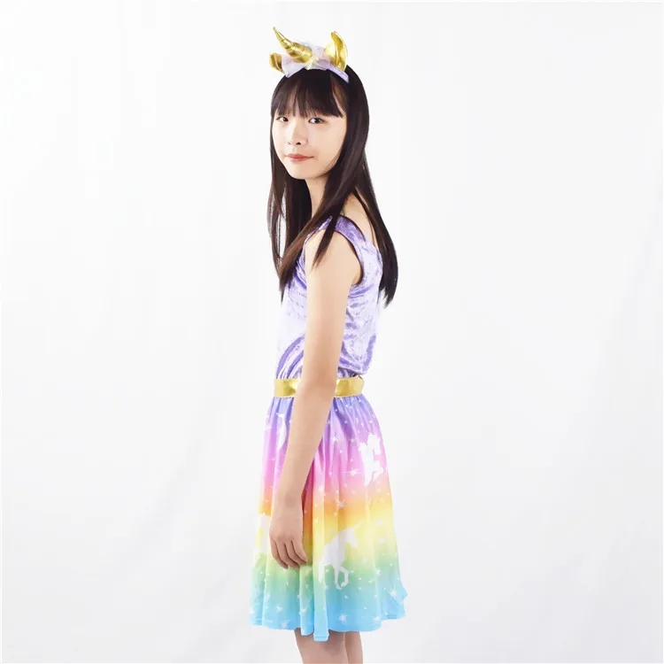 
New Design Kids Party Clothes Boutique Cute Girls Stage Clothing Rainbow Unicorn Dress 