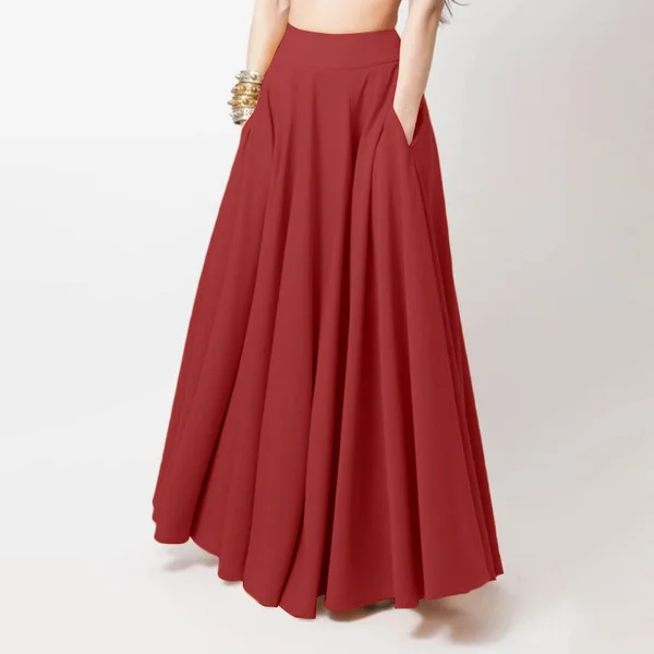 Plus Size Women Casual Long Maxi Skirt Solid Color High Waist Long Pleated Skirt With Pocket