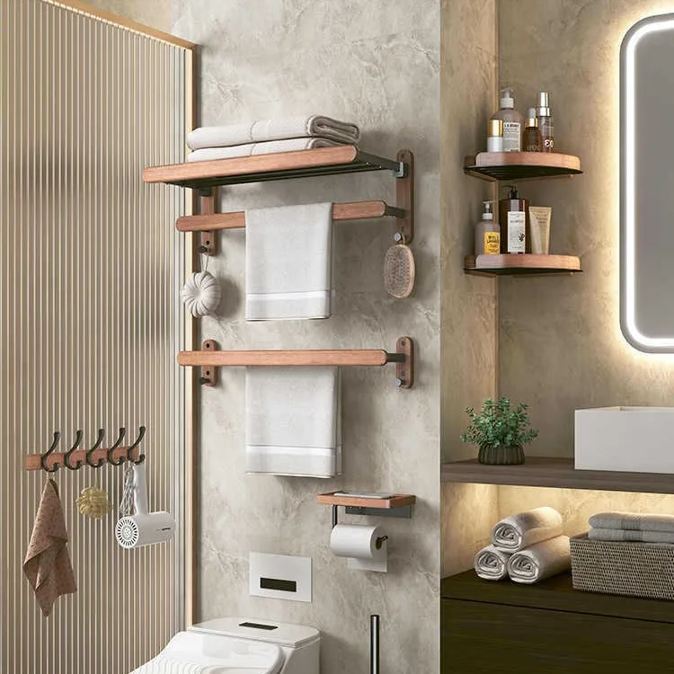 Walnut aluminum wooden Hardware 7 Pieces Set Hardware Toilet wire-drawing Solid wood Accessories Bathroom Accessories Set