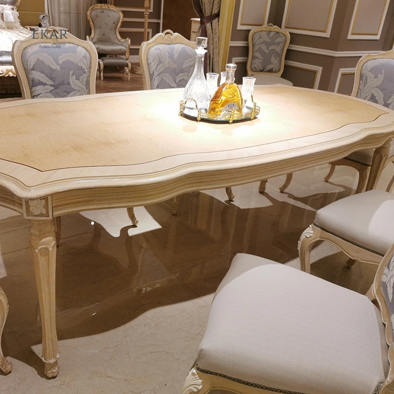 French Style Fabric Antique Wooden Carved Dining Armchair Solid Wood Frame Dining Chairs with Armrests