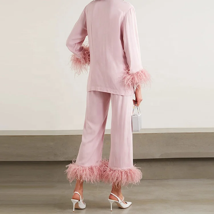 High quality fashion design custom ostrich feather pajamas sets pink feathers pyjama set for women