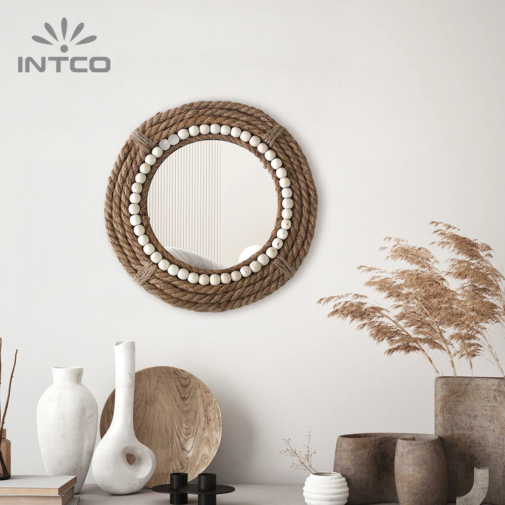 INTCO New Arrival Hot Trend Living Room Decor Wall Makeup Dressing Framed Round Cotton Cord Mirror