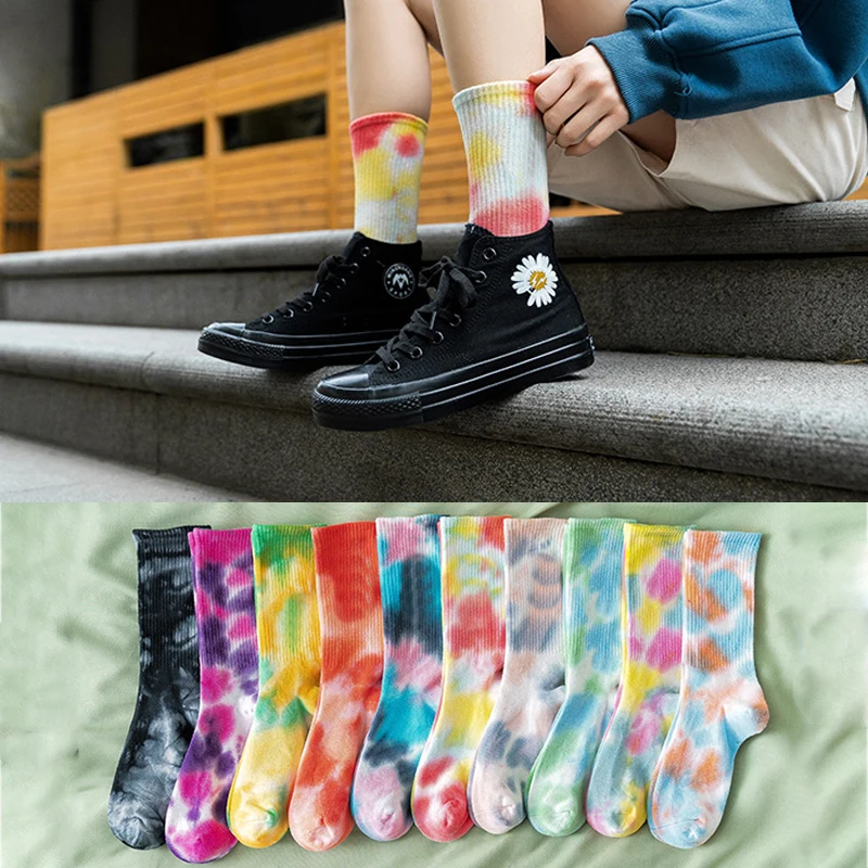 tie dye unisex socks chaussettes kaos kaki crew cotton hip hop skating sports low moq custom logo athletic mens socks colorful