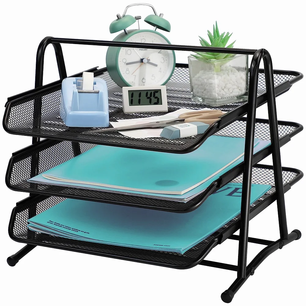 3 layer file tray with Handle black office file organizer metal mesh desktop organizer file tray for Home Office