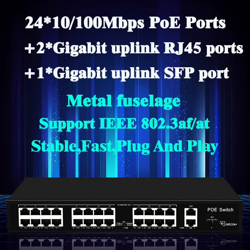 GZCOM PoE Switch 24 10/100Mbps PoE Ports + 2*Gigabit Ethernet Ports+1*Gigabit SFP Network 24 Ports PoE Switch for IP Camera CCTV