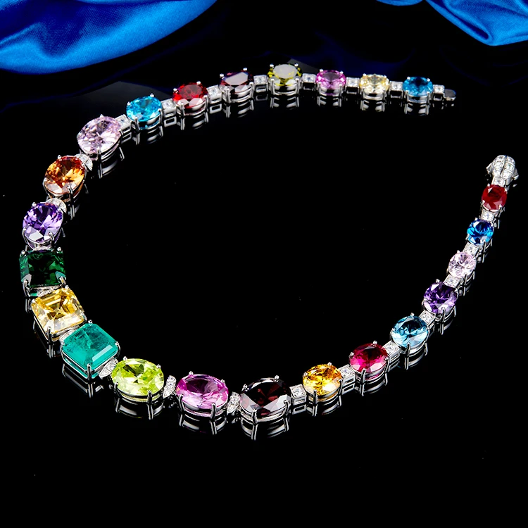 Colorful Cubic Zirconia Rainbow Tennis Necklace Sterling Silver Full CZ Diamond Choker Necklace