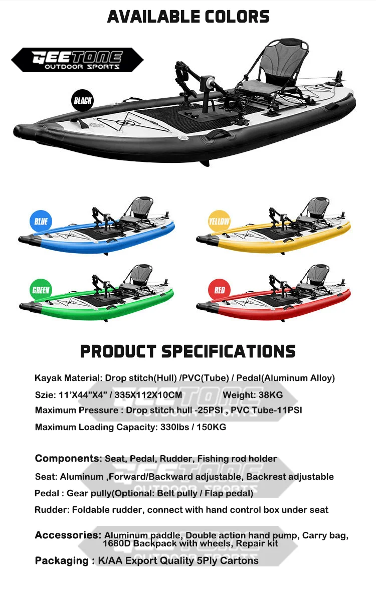 GeeTone Inflatable Kayaks with Gear Pully Pedal Drive Propeller Portable Fishing Boat Kayak With Rudder Fishing Rod Holder