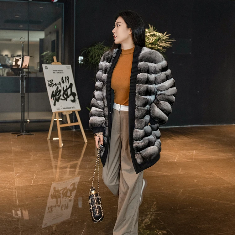 Factory Top Quality Cheap Women Winter Real Chinchilla Fur Coat Casual Style Fur Cardigan Ladies Real Chinchilla Fur Overcoat