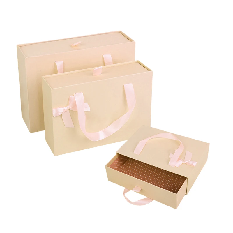 Luxury Custom Logo Pink Handbag Paper Gift Drawer Boxes For Packaging Clothes With Ribbon