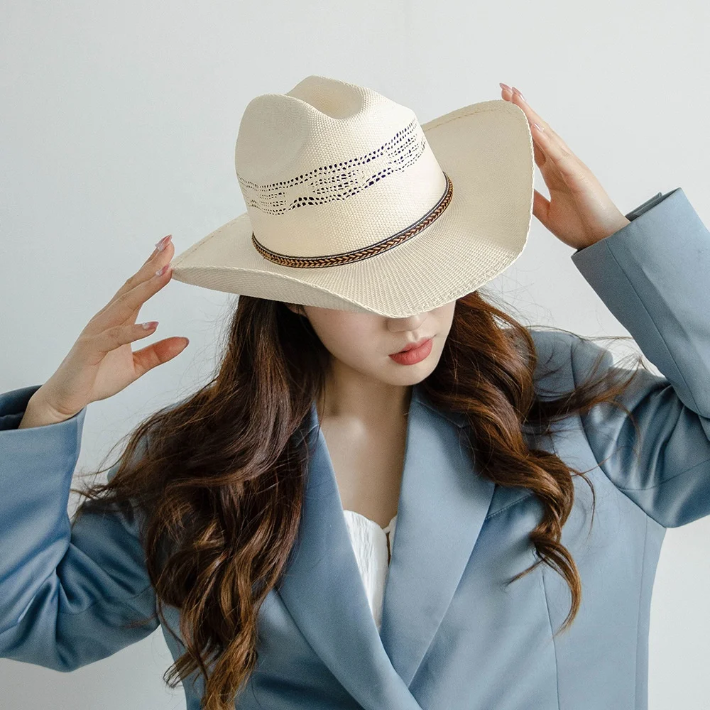 2024 new beach bulk large designer Hand woven women cowboy cowgirl Natural  Summer Warped Edge Sombrero cowboy straw hat
