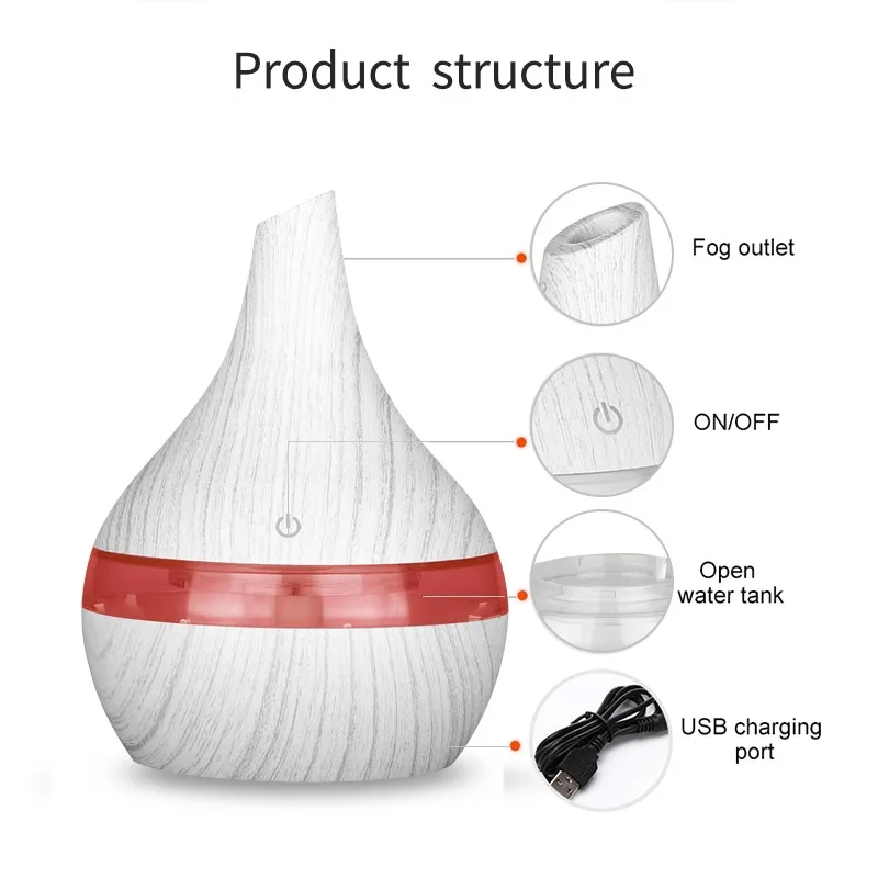 Персональный ультразвуковой увлажнитель воздуха холодного тумана с белой текстурой древесины USB 300 мл очиститель воздуха