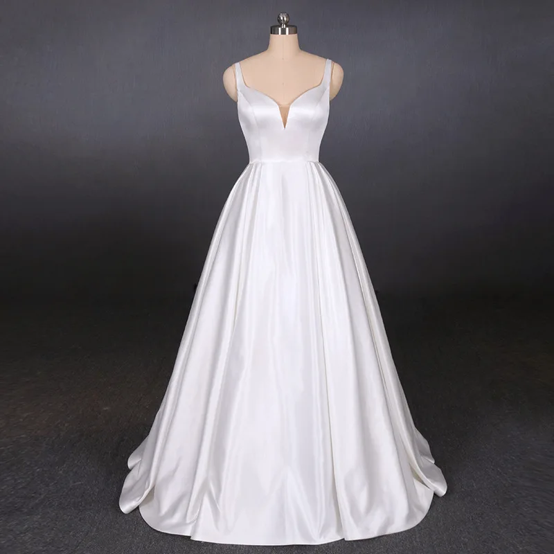 XINEN   New Sleeveless Smooth Satin Bridal Wedding Dress Sexy Shoulder V-neck Fresh Mesh Backless Dress