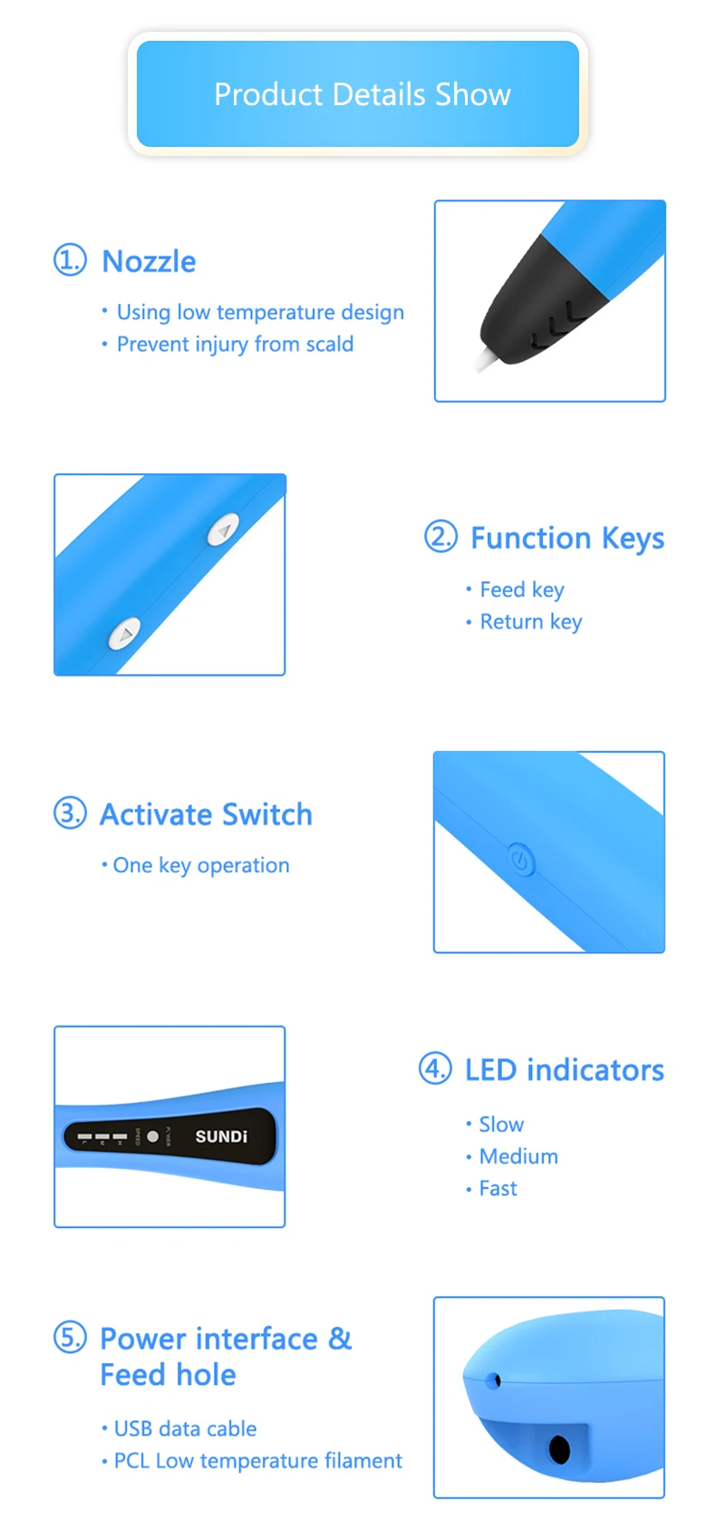 Sundi3D pens  hot sales product low temperature  3d pen pla filament for toys kids