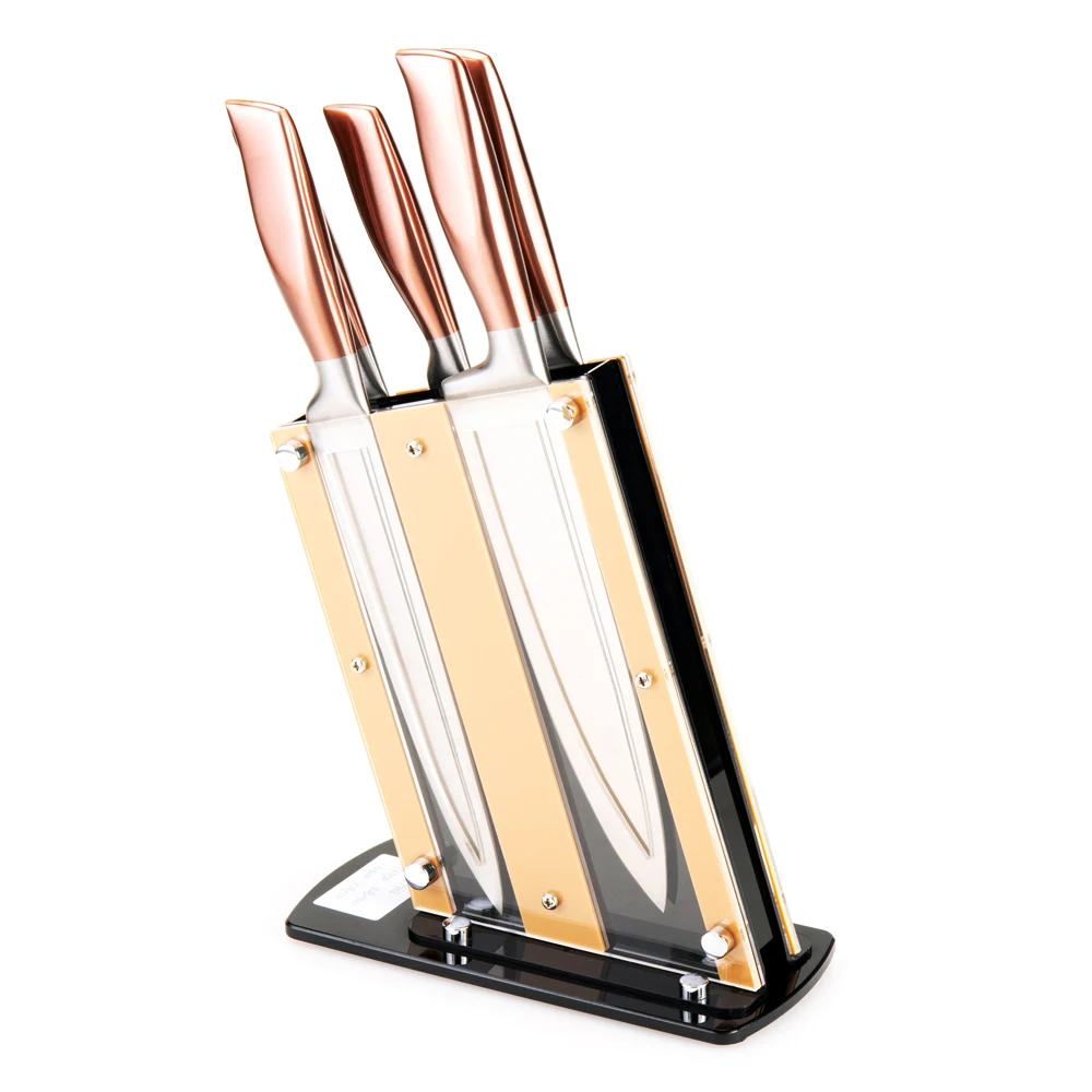 Rose-Gold Plated Stainless Steel Hollow Handle Kitchen Knives Set 5 Piece with Acrylic Knife Stand