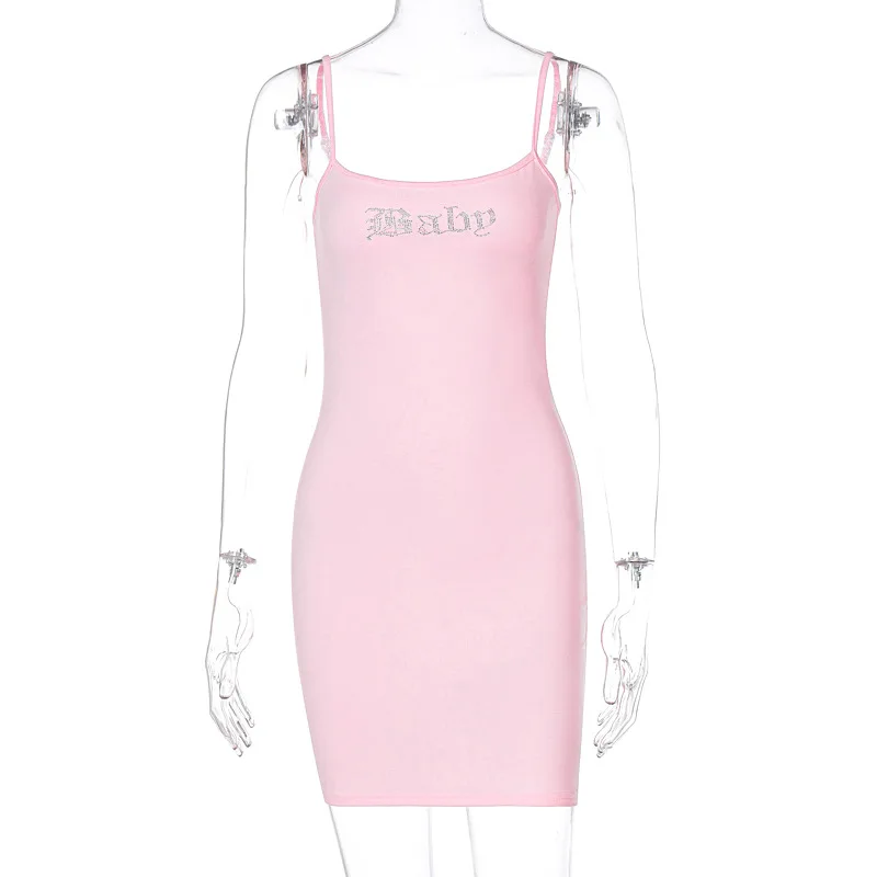 Summer Trends Apparel Women Clothes White Pink Sexy Rhinestone Letter Camisole Strap Dresses 2022  Dress