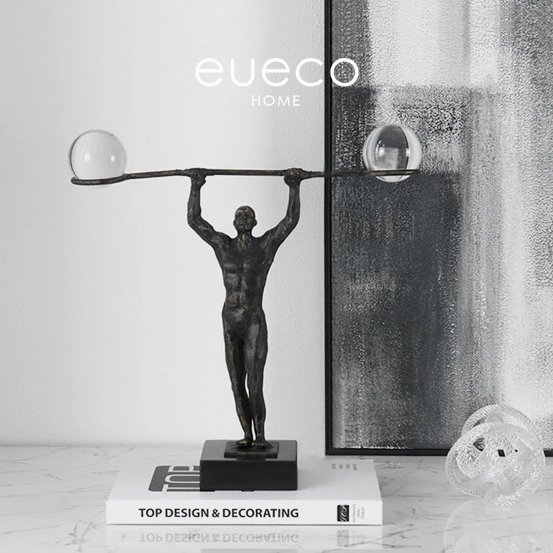 European Cast Iron Arm Hang K9 Crystal Ball Sport Decoration Marble Panels Black Metal Wrought Home Decor Figure