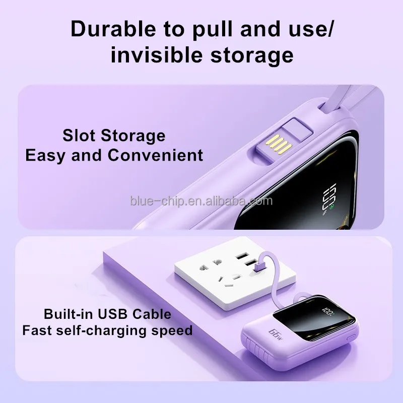 Custom Portable Mini 4 in 1 Built-in cables Dual USB Power Bank 20000mAh Large Capacity LED Digital Display Mirror Power Bank