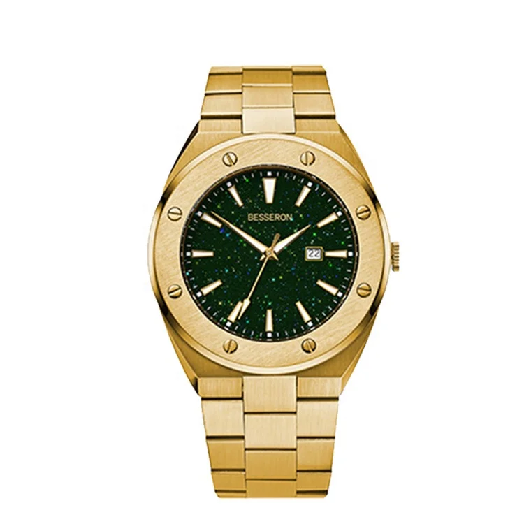 Besseron Hot Sale Watch 5Atm Water Resistant Mens Men Luxury 316 Gold Stainless Steel Case Face Quartz Watch
