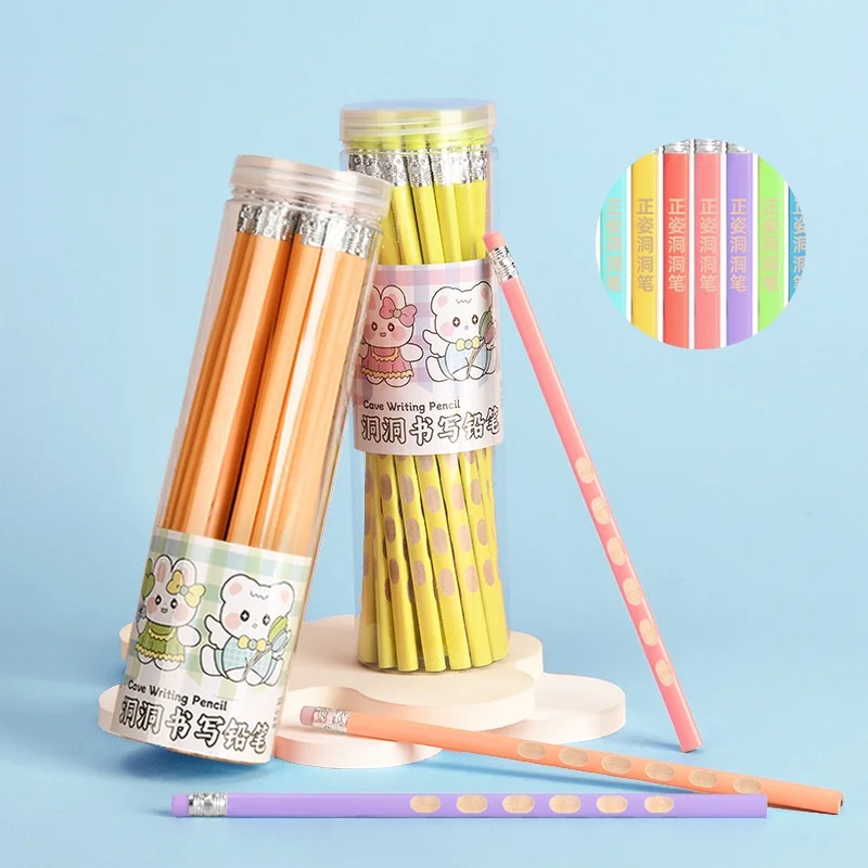 High Quality Custom Wooden Groove Pencil Set 30/50 HB Cute Cartoon Design Laser Engraved Name Logo Barrel Standard Pencils