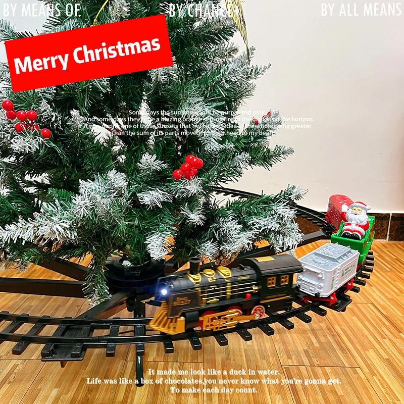 Remote control track steam train toy Christmas tree rail car can smoke light music can close train model