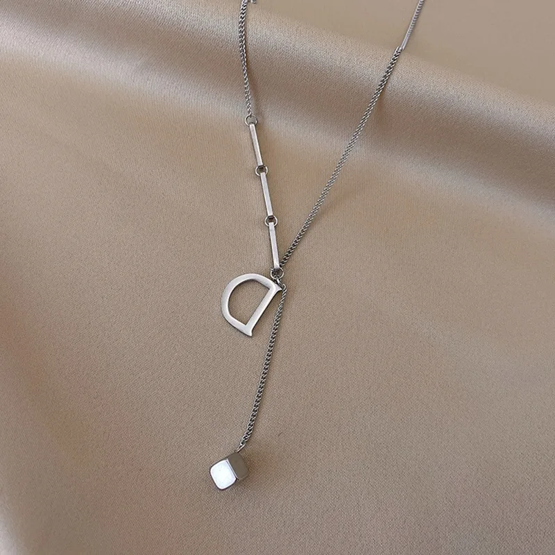 Fashion Simple Style 18K Gold Plated Stainless Steel Jewelry D Letter Pendant Layered Cube Chain Necklace For Women