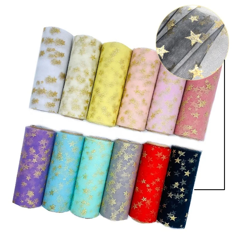 High quality wholesale 15CM Width 10 YARDS length  glitter gold star tulle organza