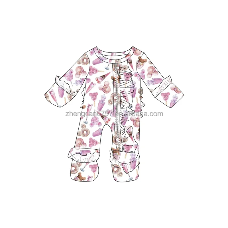 Wholesale Baby Clothes Warm Zipper Romper Custom Rugby Flower Print Bamboo Ruffle Onesie One Piece Pajamas For Kids