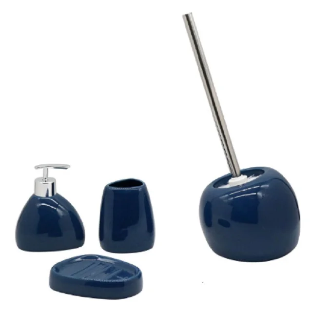 Factory Price Eco-friendly Custom 4-Piece Porcelain Bathroom Set Toilet Brush Holder & Toothbrush Soap Dispenser Home Decor