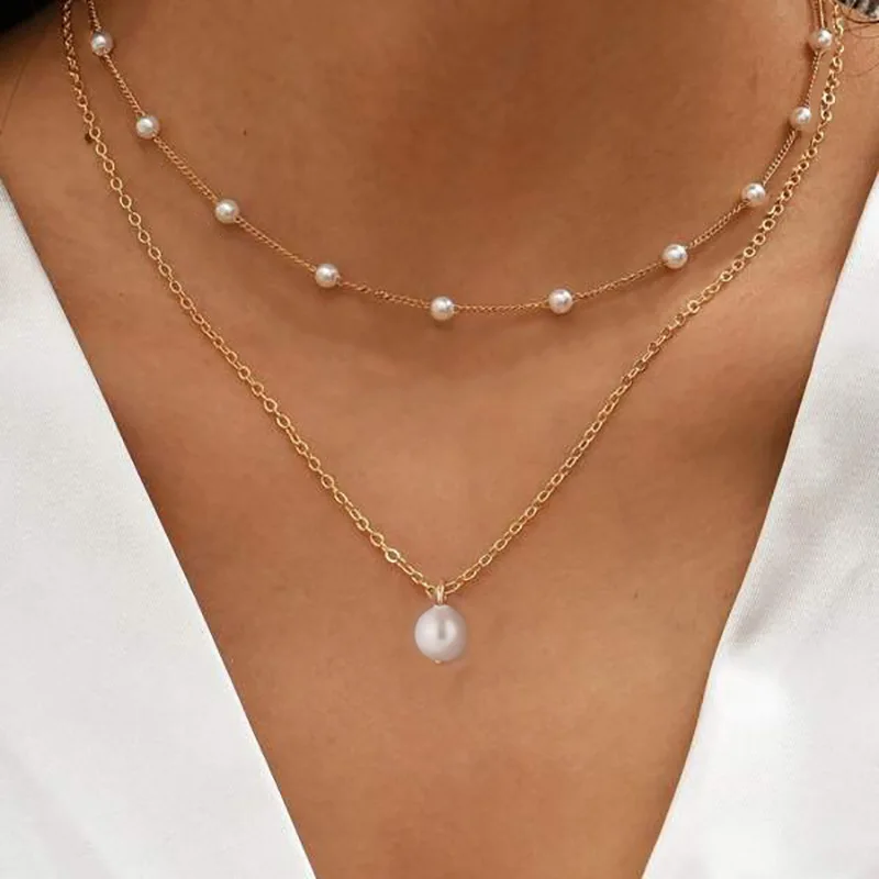 European American Luxury Double Layer Clavicle Chain Baroque Pearl Necklace Simple Short Design Main Targeted Alloy Fashion