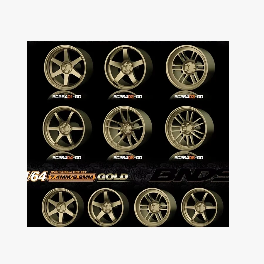1/64 Gold ABS Wheels With Rubber Tires By BNDS Assembly Rims Modified Parts for Model Car Refitted Model Car 4pcs Set