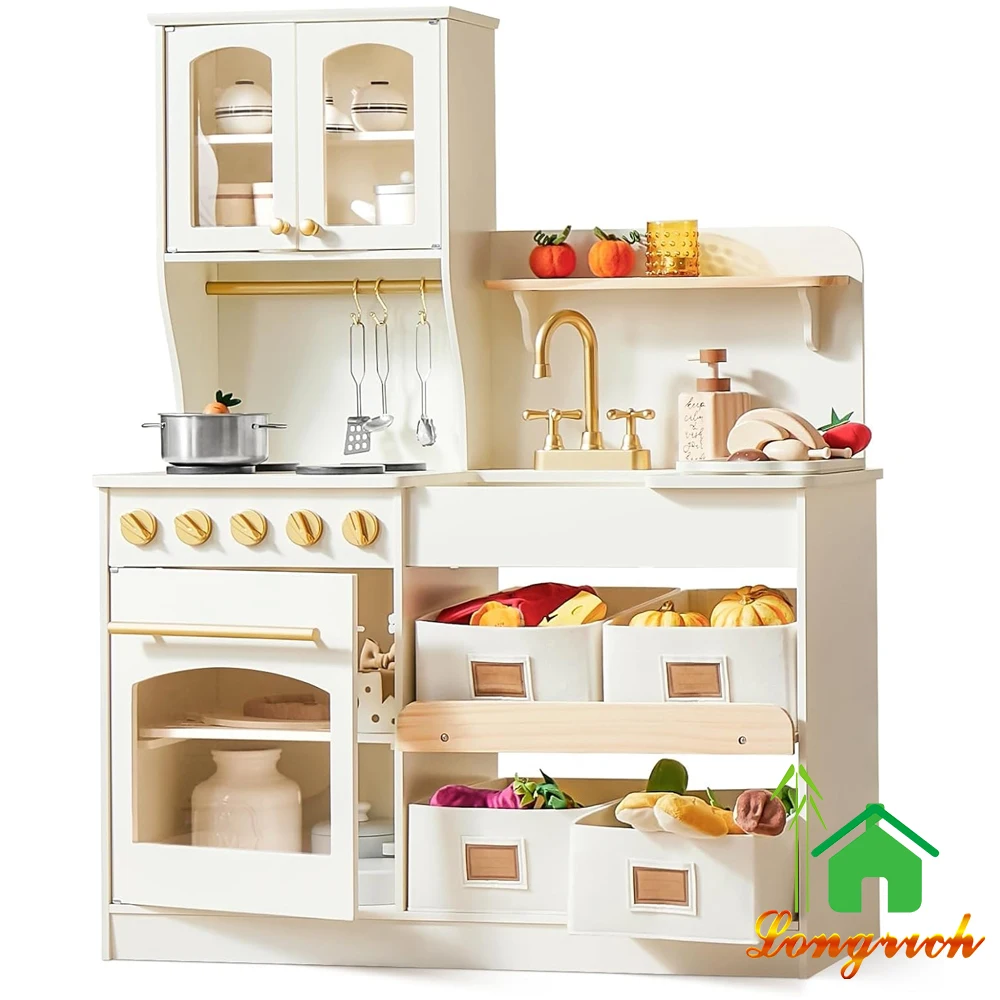 Wooden Pretend Play Kitchen Set for Kids Montessori Play Kitchen with Toy Storage System