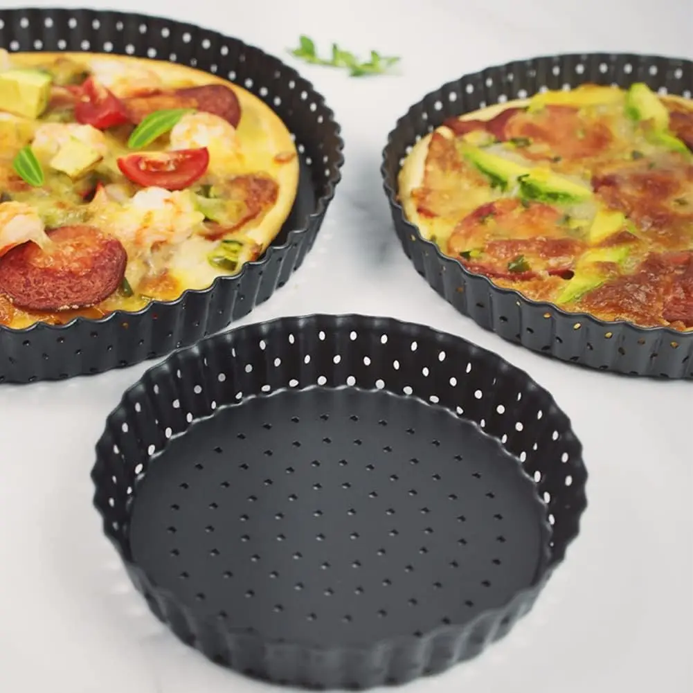 1 Piece Tart Pan 5inch Shell Carbon Steel Tart Molds Kitchen Cooking Pan Pizza  with Holes and Removable Bottom, Black