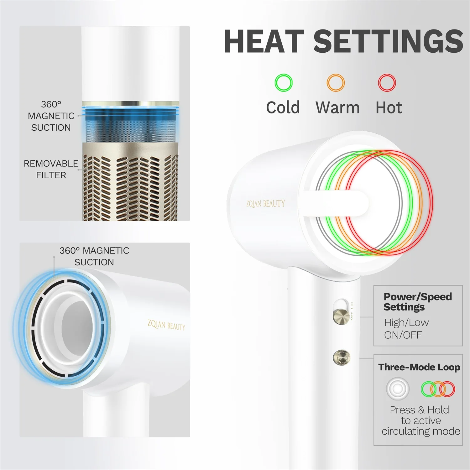 Blue White Color Leafless Hair Dryer Intelligent Temperature Control Negative Ion Static Sonic Hair Dryer Dy Air Wap Sons