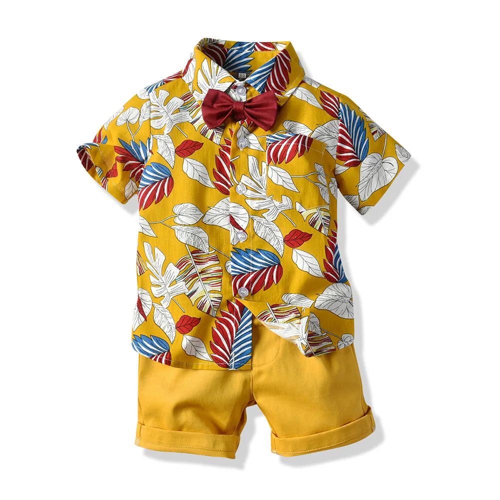 JF Children Clothing Two Piece Boy Clothes Flower Shirt Fashion Bow Tie Shorts With Pockets