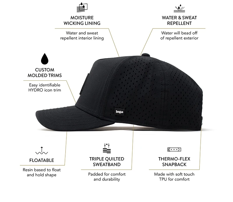 Custom 5 Panel Rubber Pvc Logo Baseball Cap,gorras de beisbol ,Waterproof Laser Cut Hole Perforated Hat Performance Sports Cap