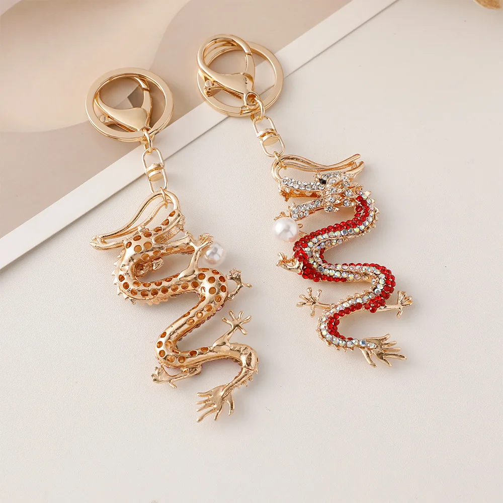 Vintage Crystal Rhinestone Dragon Keychain Women Pearl Zodiac Chinese Dragon Loong Pendant Keychain For Gift