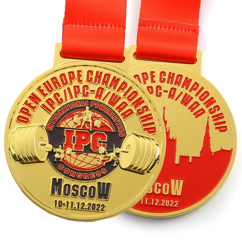 custom medals sports metal soft enamel gold 3d logo IPC international powerlifting medals