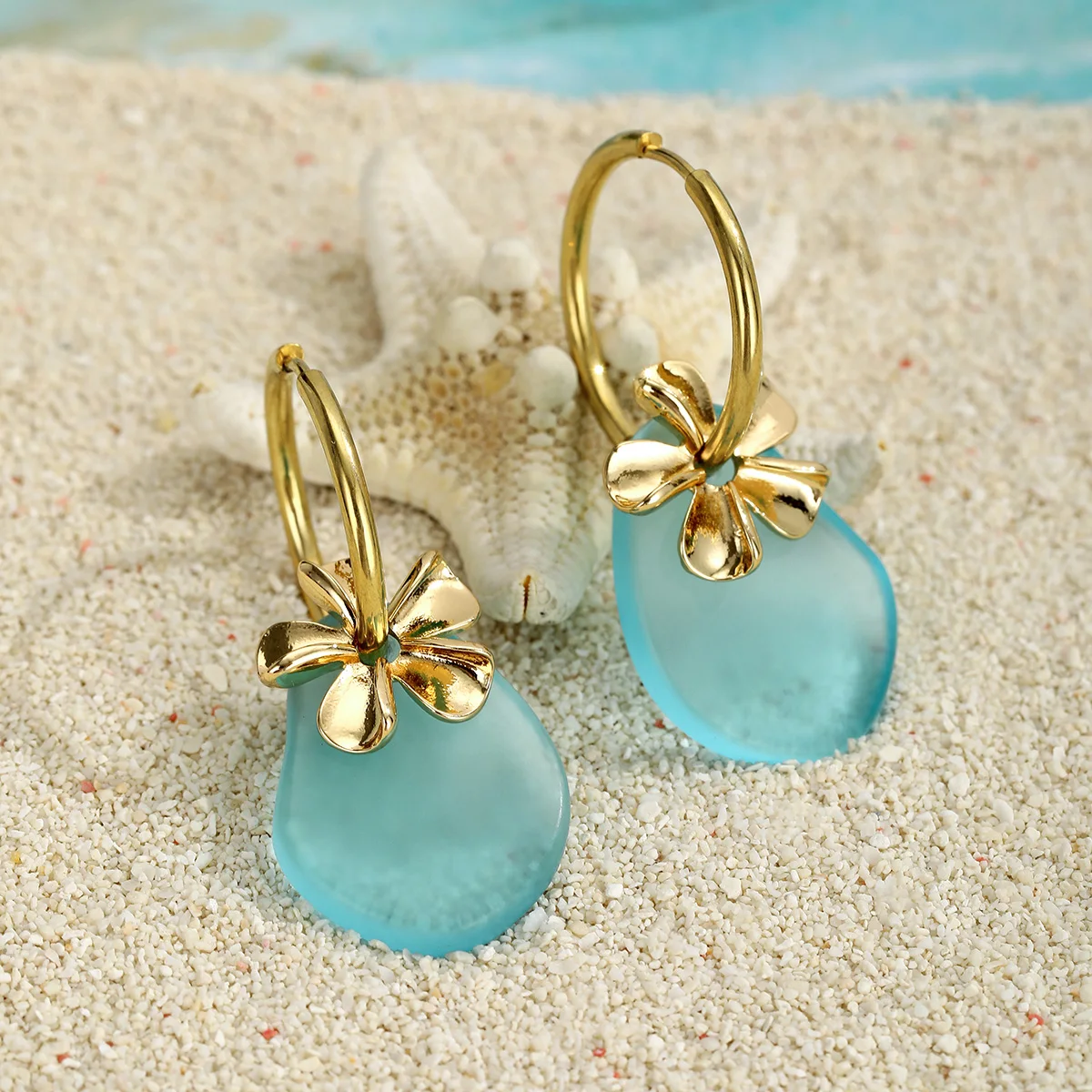 hawaii jewelry wholesale  gold hoop earring  stainless steel Summer Beach  Sea Glass Bead Sea Glass Earrings Jewelry