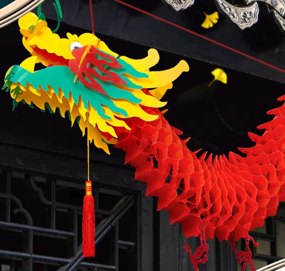 3D Chinese New Year Dragon Spring Festival Dragon Garland with Lanterns Hanging Decoration Lunar New Year Supplies 2m