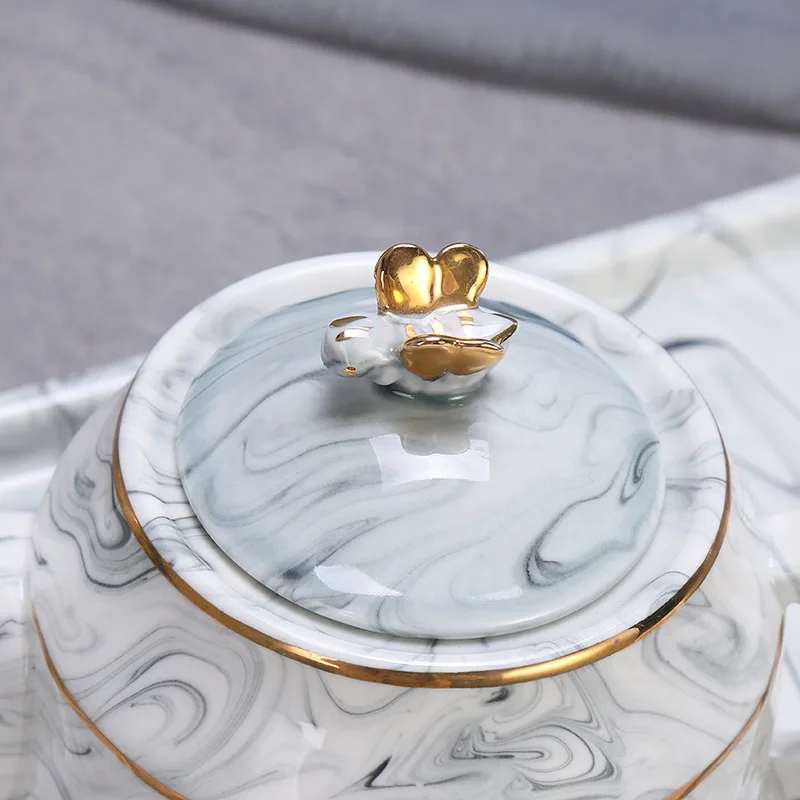 Wholesale Household ceramic porcelain creative simple marble six-piece Tea coffee quartz mug cup set with teapot