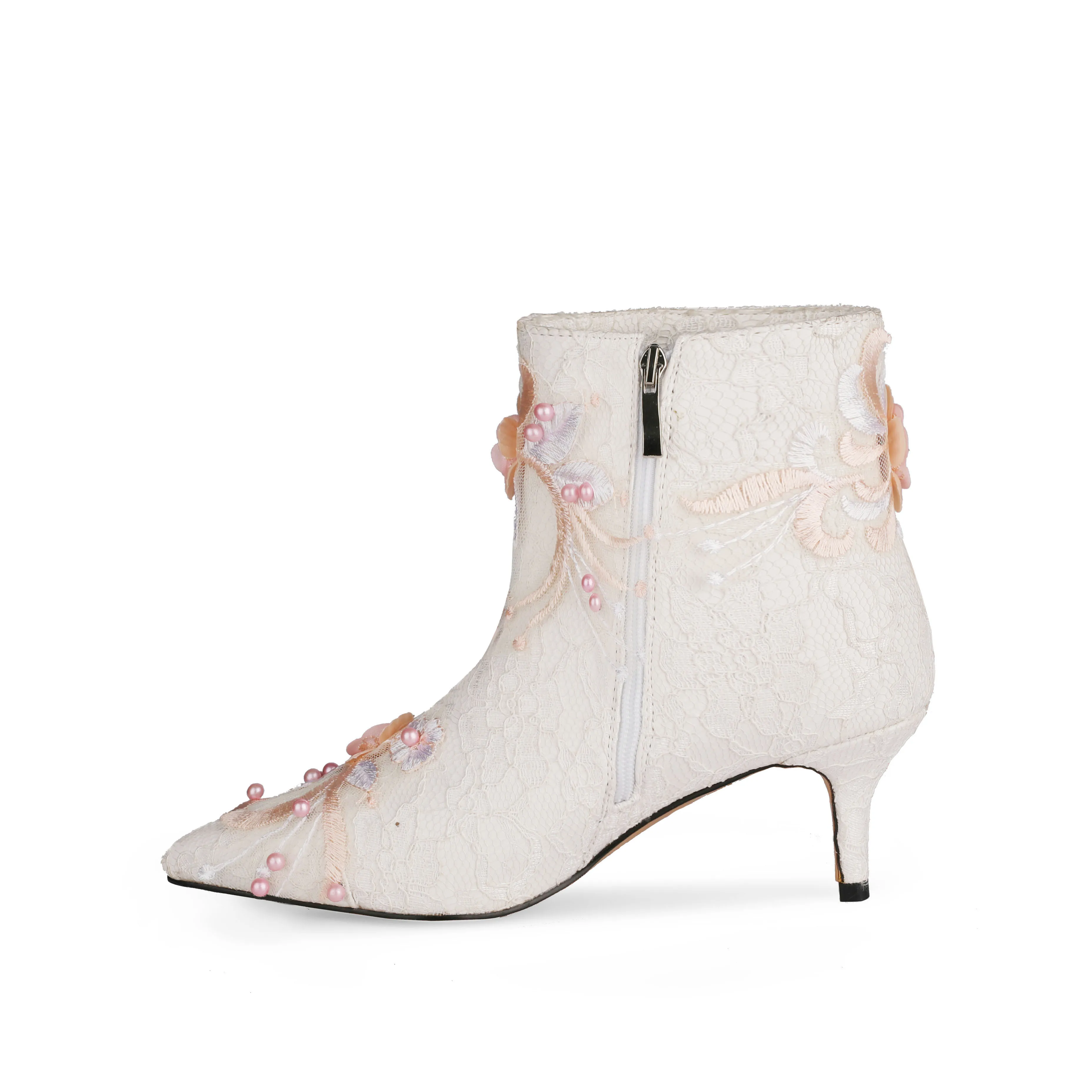 
Elegant White Color Satin Lace Women High Heel Wedding Shoes for Bride with Pearls 