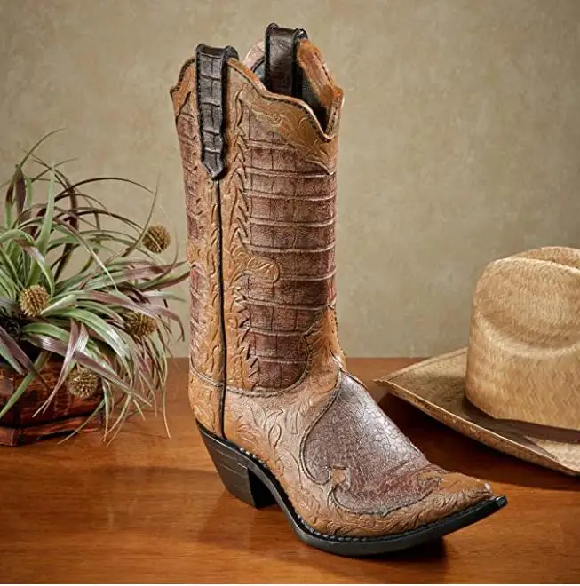 Cowboy Boot Sculpture Dark Brown Vase
