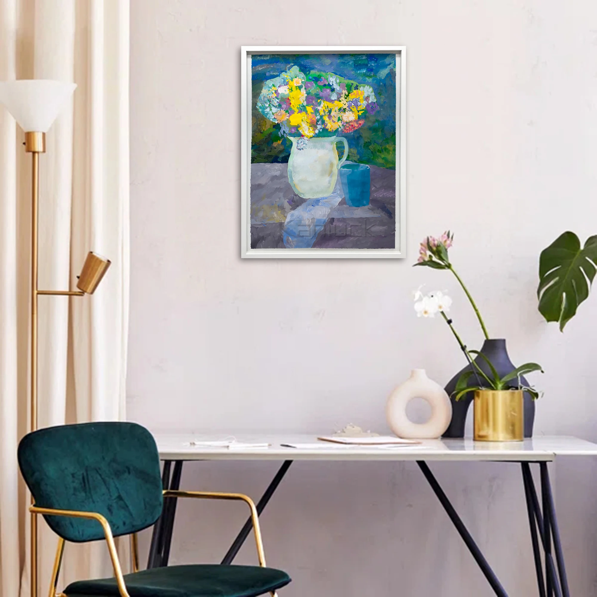 Bouquet Of Colorful Flowers In A White Ceramic Pitcher Art Canvas  Art Print On Canvas Painting Art Hot Selling