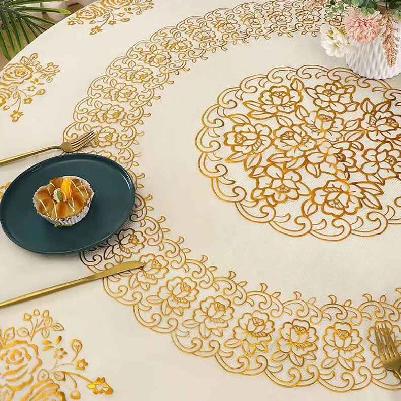 2023 white round pvc material plastic gold lace tablecloth