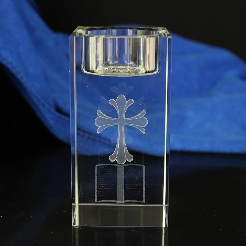 Wholesale Crystal Glass Block Jesus Cross Candle Holder For Religion Gift